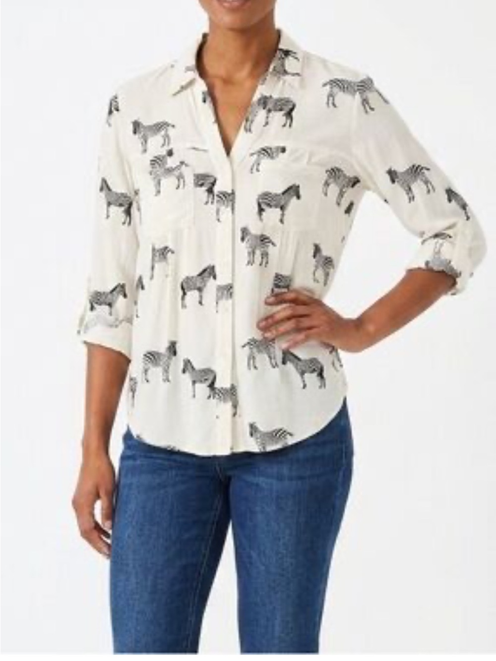 Maeve Anthropologie Cream Button-Front Shirt with Black Zebra Print - Size 4